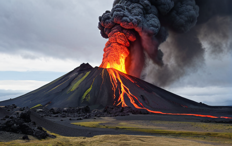 ** A dramatic volcanic eruption in Iceland. Show the raw power of the volcano juxtaposed with a unique ecosystem flourishing nearby. Focus on the contrast between destruction and creation, emphasizing the interconnectedness of Earth's systems.
**