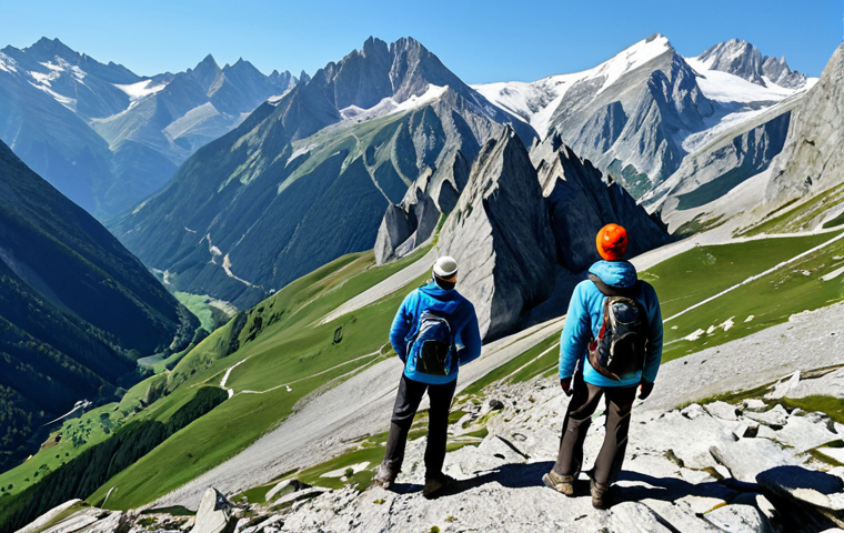**
"Majestic view of the French Alps, showing layers of folded and fractured rock formations, fully clothed hikers in appropriate attire observing the landscape, bright daylight, clear sky, safe for work, perfect anatomy, natural proportions, professional photography, geological study, impressive scale, modest clothing, appropriate content."
**
