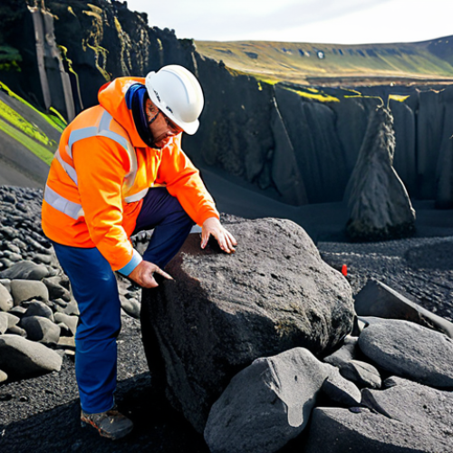 Home 24 Earth Science**
"A geologist, fully clothed in appropriate outdoor attire, examining a rock formation in Iceland near the Mid-Atlantic Ridge, demonstrating plate tectonics. The landscape includes volcanic rock and geothermal features. Clear daylight, wide shot. Safe for work, appropriate content, professional, perfect anatomy, correct proportions, natural pose, well-formed hands, proper finger count, natural body proportions."
**