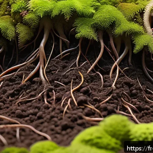 지구과학과 생명과학 - A detailed close-up of rich forest soil teeming with diverse microorganisms and earthworms, vibrant ...