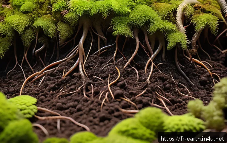 지구과학과 생명과학 - A detailed close-up of rich forest soil teeming with diverse microorganisms and earthworms, vibrant ...