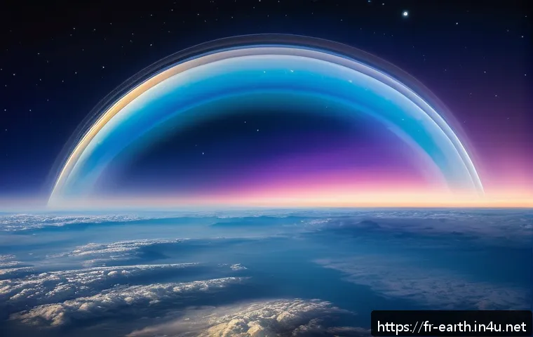 지구과학과 대기권 구조 - A detailed cross-sectional illustration of Earth’s atmosphere layers over a European landscape, show...