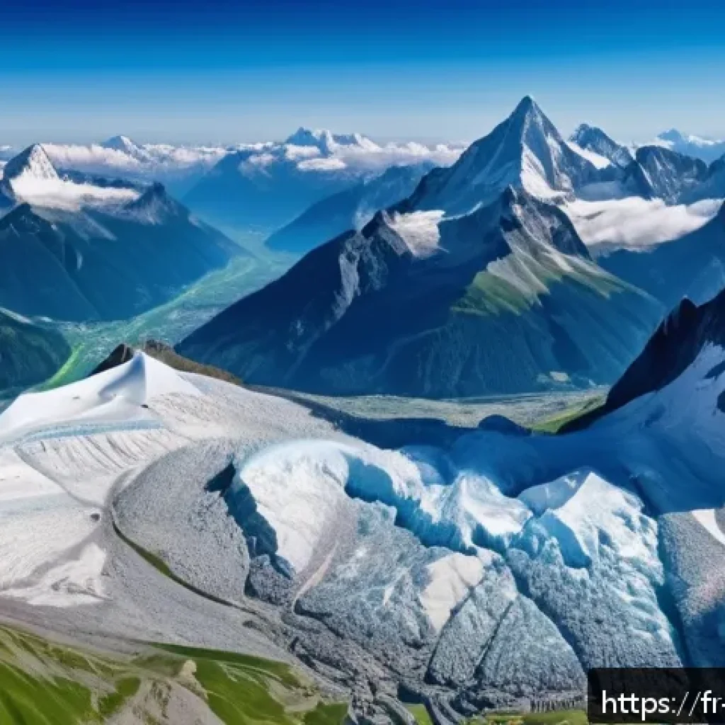 지구과학과 기후 변화 대응 - A detailed aerial view of the French Alps showcasing rapidly retreating glaciers under a clear blue ...