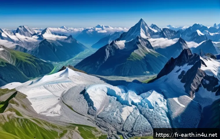 지구과학과 기후 변화 대응 - A detailed aerial view of the French Alps showcasing rapidly retreating glaciers under a clear blue ...