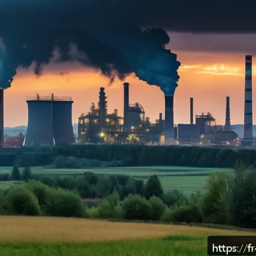 지구과학과 산성비 - A panoramic view of a European industrial landscape at dusk, featuring large coal power plants with ...
