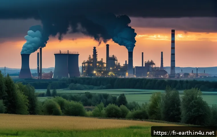 지구과학과 산성비 - A panoramic view of a European industrial landscape at dusk, featuring large coal power plants with ...