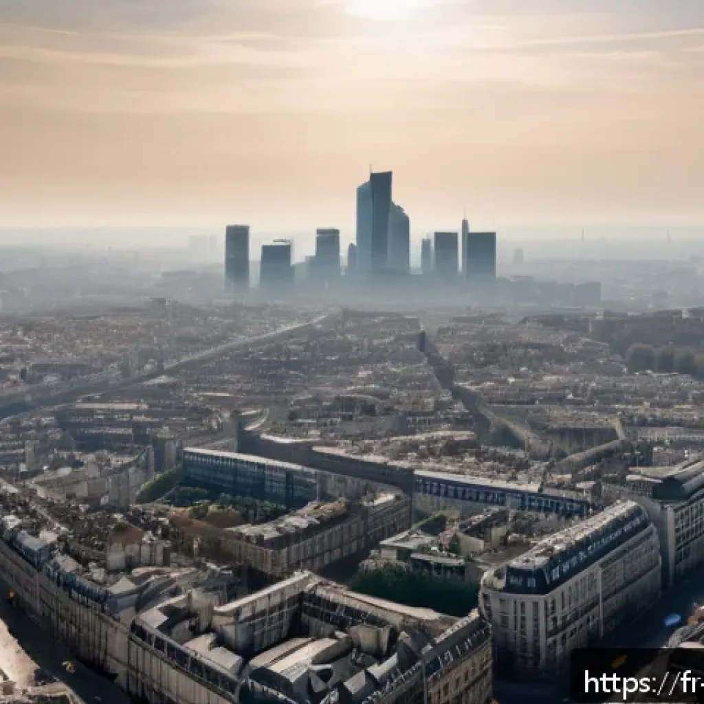 지구과학과 대기 중 미세먼지 - A detailed, realistic cityscape of a French urban area during a pollution peak at rush hour, showing...