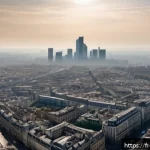 지구과학과 대기 중 미세먼지 - A detailed, realistic cityscape of a French urban area during a pollution peak at rush hour, showing...