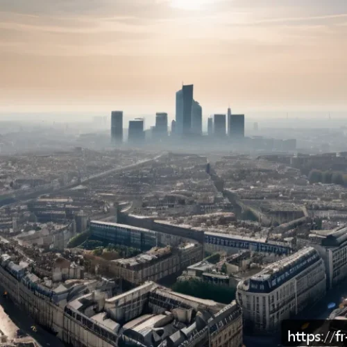 지구과학과 대기 중 미세먼지 - A detailed, realistic cityscape of a French urban area during a pollution peak at rush hour, showing...