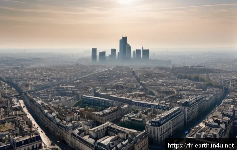 지구과학과 대기 중 미세먼지 - A detailed, realistic cityscape of a French urban area during a pollution peak at rush hour, showing...