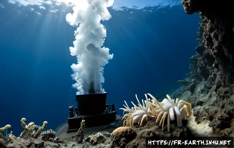 지구과학과 해저 열수구 - Photorealistic deep-sea hydrothermal vent field on the Mid-Atlantic Ridge, towering black smoker chi...