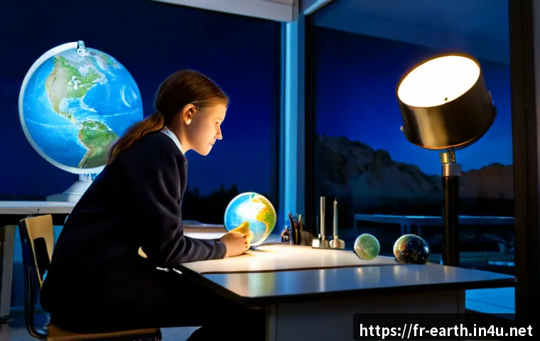 Home 17 지구과학과 우주 과학 - Photorealistic wide-angle view of a modern French secondary school science classroom at dusk, a dive...