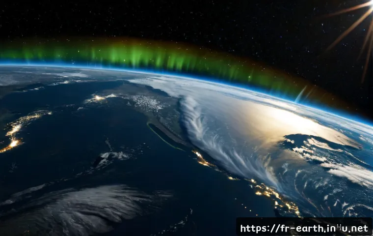 지구과학과 태양풍 - Photorealistic view of Earth from low orbit, a luminous stream of solar wind particles flowing from ...